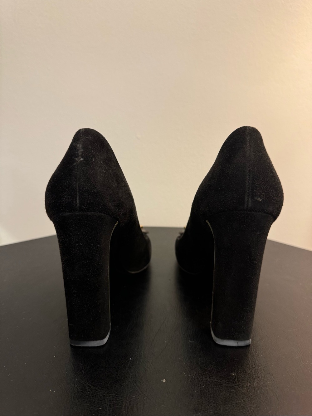 Gucci Vintage Black Suede Block Heels with Gold Button Detail - Picture 4 of 10